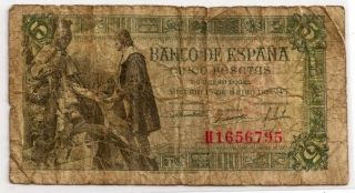 Spain 1945 Extremely Rare Five Pesetas Bank Note 
