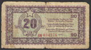 Scarce Yugoslavia (istria Fiume) - P R4 - 20 Lira Lir Lire Banknote/note 1945 photo