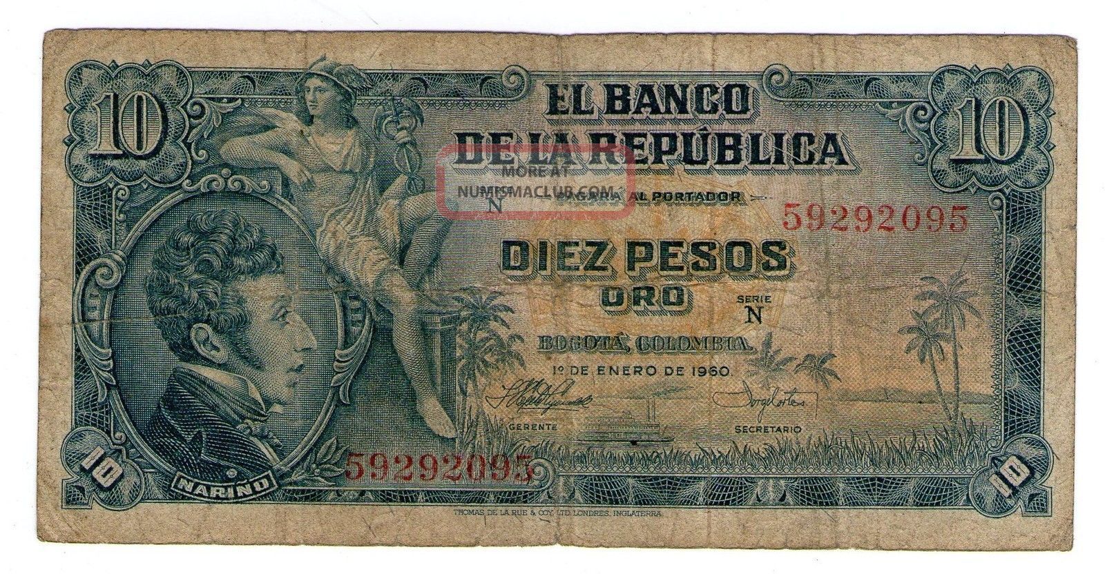 Colombia Note 10 Pesos Oro 1960 P 400b