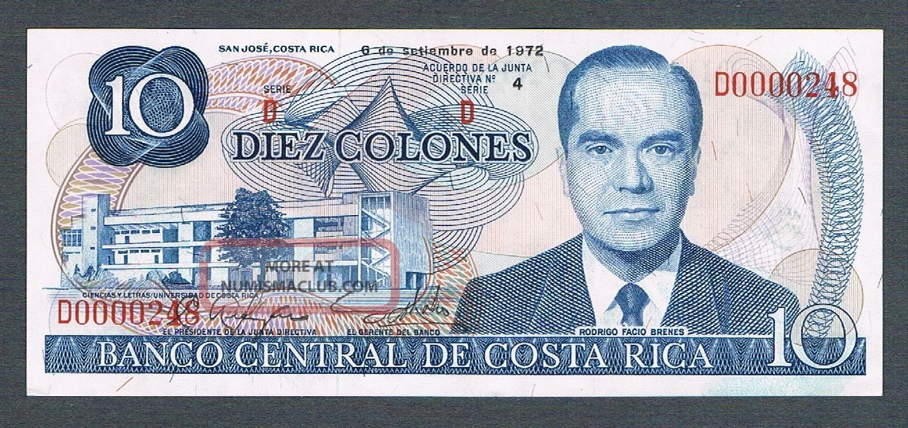 Costa Rica Banknote 10 Colones 1972 Series D Low Serial 0000248 Crisp Unc