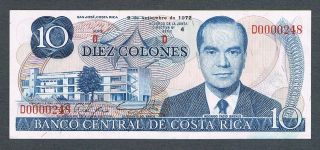 Costa Rica Banknote 10 Colones 1972 Series D Low Serial 0000248 Crisp Unc photo