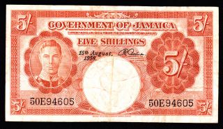 Jamaica 5 Shillings 1958 Pick 37b Fine+. photo