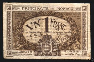 Monaco France 1 Franc P4 1920 Brown First Issue Rare Note photo