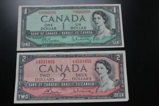 Canadian 1954 $1 & 1954 $2 Bill.  Circulated Take A Look At The Pictures. photo