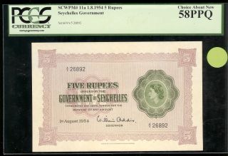 Seychelles - 5 Rupees,  1954.  P11a.  Pcgs 58ppq photo