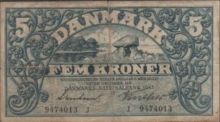 Denmark,  5 Kroner,  1943,  P 30i,  Prefix J photo