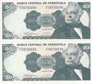 Venezuela: 20 Bolivares,  8 - 12 - 1992,  P - 63d,  Crisp Unc,  2 Consecutive ' S photo