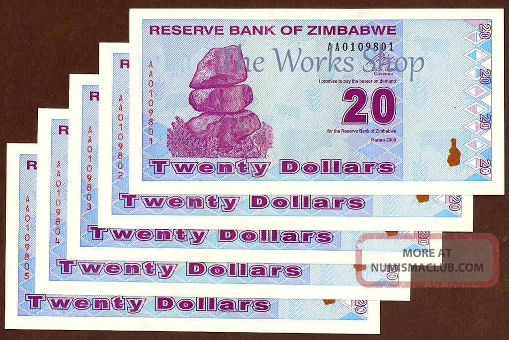 Zimbabwe 20 Dollar Note X 5 Revised Trillion Aa/uncirculated Hyperinflation