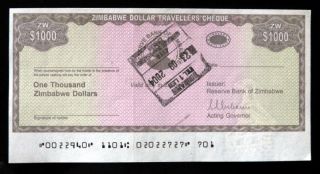 Zimbabwe 1000 Dollars Travellers Cheque Unsign With Stamp Unc Rare photo