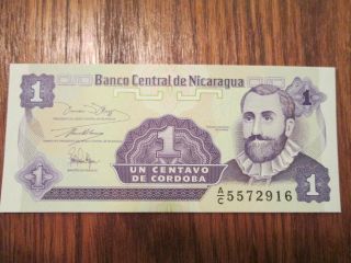 Unc Nicaragua 1991 1 Centavo Bankote P167 Foreign Note Bill Uncircurculated photo