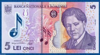 Romania 5 Lei 2005 July Polymer Banknote Unc P 118 Enescu photo