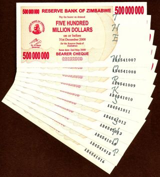 500 Million Zimbabwe Dollars Bearer Cheques X 10 Note Bundle Ab/uncirculated photo
