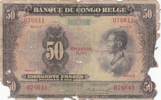 Belgian Congo; 50 Francs,  Emission 1951,  Series R,  P - 16i,  Abnc,  G - Vg photo