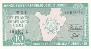 Burundi: 10 Francs,  1 - 10 - 1991,  P - 33b,  Crisp Unc photo