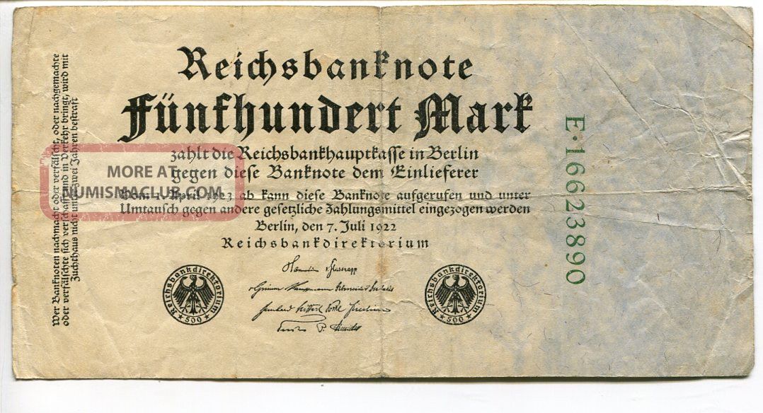 Germany Deutschland 500 Mark 1922 (f+) Circulated Reichsbanknote 8 Digit