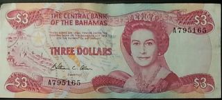 Central Bank Of The Bahamas $3 Bill 1974 1984 Unc Bank Note Queen Ship photo