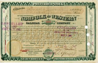 Norfolk & Western Railroad Stock Certificate Issued 1887 Railway N&w photo