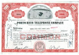 Puerto Rico Telephone Company 1958 Domestic Share Certificate 100 Shares photo