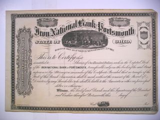 1870s Stock Cert Iron National Bank Of Portsmouth Oh Uniss Vigs Machine Shop,  Rr photo