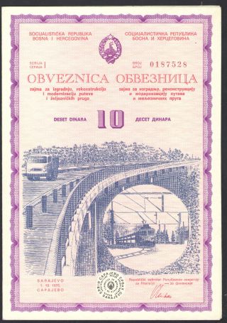 Yugoslavia (bosnia) - Bond/stock - 10 Dinars - Railway & Road Development - 1976 photo