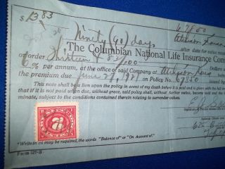 Columbian Insurance Company 1921 Life Certificate Old Policy Paper photo