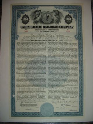 Union Pacific Railroad Bond Stock Certificate Up photo