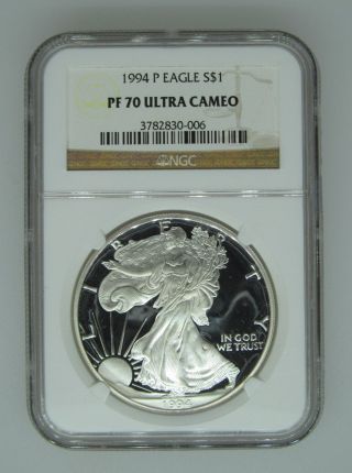 1994 P $1 Ngc Pf70 Ucameo (proof Silver Eagle) - Pf70 Rare.  999 Silver Bullion photo