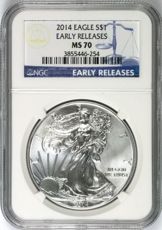 2014 Silver Eagle $1 Ngc Ms70 Early Release Blue Label photo