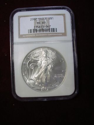 2002,  American Silver Eagle Ms69,  Ngc,  Brown Label,  1 Ounce.  999 Fine Silver photo