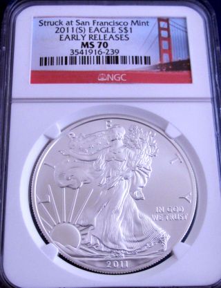 2011 (s) Ms 70 Ngc Early Release Golden Gate Bridge American Silver Eagle Perfect photo