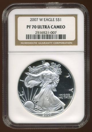 2007 - W U.  S.  Silver American Eagle Proof Coin ++ngc Pr - 70 W/ Ultra Cameo++ photo
