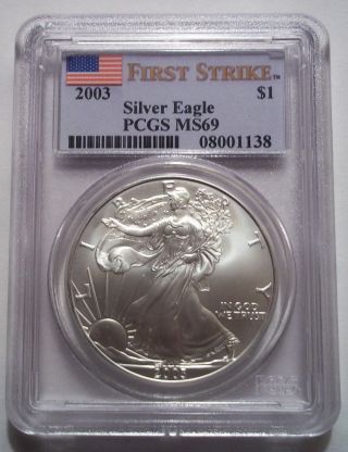 2003 Silver American Eagle Dollar $1 Pcgs Ms69 First Strike Rare photo