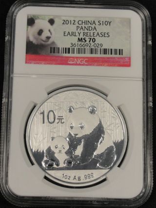 2012 Chinese Silver Panda Perfect Ngc Ms70 Early Releases 10 Yuan.  999 Silver photo
