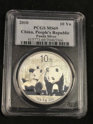 2010 Chinese Silver Panda Coin Pcgs Ms69 10 Yuan.  999 Silver Bullion photo