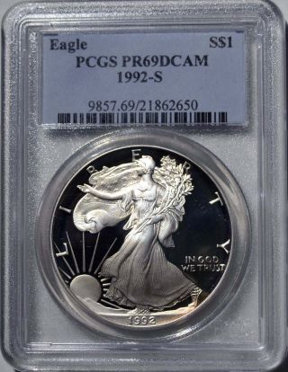 1992 - S American Eagle Silver Dollar Pr69 Dcam Pcgs Proof 69 Deep Cameo photo