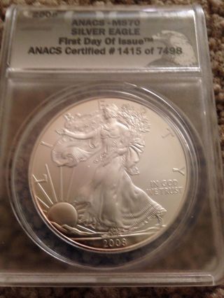 2008 $1 Silver Eagle Bullion Coin Anacs Ms - 70.  Graded Perfect - - Nr photo