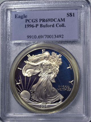 1996 - P American Eagle Silver Dollar Pr69 Dcam Pcgs Proof69 Deep Cameo Buford Col photo