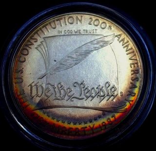 1987 - S Proof Silver U.  S.  Constitution $1 Rainbow Toned Dcam - Never Been Handled photo