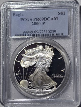 2000 - P American Eagle Silver Dollar Pr69 Dcam Pcgs Proof 69 Deep Cameo photo