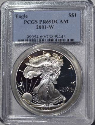 2001 - W American Eagle Silver Dollar Pr69 Dcam Pcgs Proof 69 Deep Cameo photo