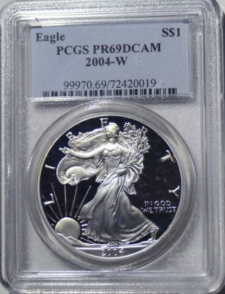 2004 - W American Eagle Silver Dollar Pr69 Dcam Pcgs Proof 69 Deep Cameo photo