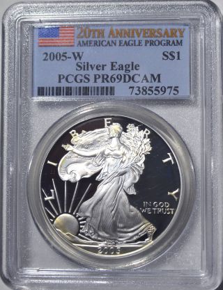 2005 - W American Eagle Silver Dollar Pr69 Dcam Pcgs Proof 69 Deep Cameo 20thanniv photo