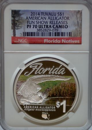 Ngc Registry 2014 Tuvalu American Alligator $1 Pf70 Rare Florida Silver 1oz photo