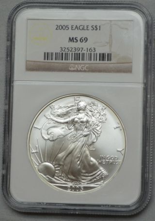 2005 American Silver Eagle Dollar 1 Oz Fine Silver Ms 69 Ngc photo