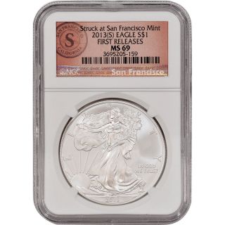 2013 - (s) American Silver Eagle - Ngc Ms69 - First Releases - Sf Logo Label photo