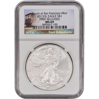 2013 - (s) American Silver Eagle - Ngc Ms69 - First Releases - Trolley Label photo