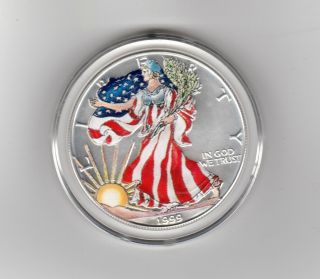 Coin,  American Eagle Silver Dollar 1999 With Case Painted Encased photo
