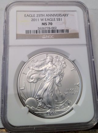 2011 - W Burnished Silver American Eagle Ngc Ms70 25th Anniversary 1oz Silver. photo