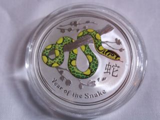 1 Oz Australian Silver Year Of The Snake Colorized Coin.  999 Fine Silver photo