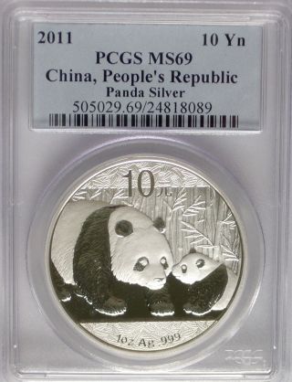 Pcgs 2011 China Panda 10¥ Yuan Coin Ms69 Blue Label Prc Silver 1 Oz.  999 Pure Bu photo